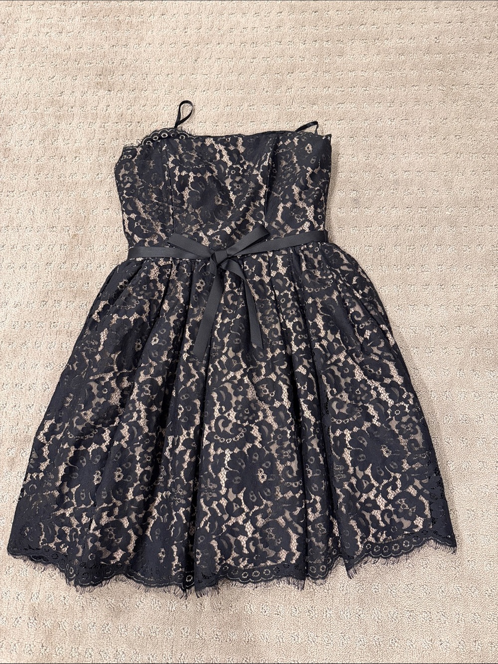 Black Lace Strapless Formal Dress with Nude Lining and Waist Bow